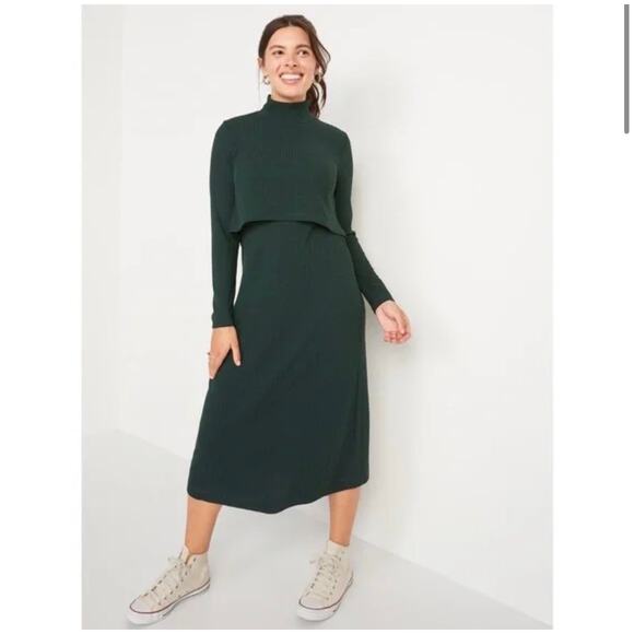 NWOT Old Navy Maternity and Nursing Midi Dress Dark Bottle Green Size Medium - Picture 1 of 10
